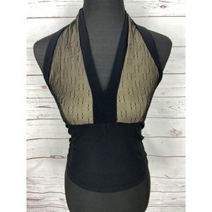 Papaya Halter Top Blouse CAMISOLE Black And Tan Sheer Cover Collar With Deep  V-